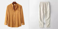 Men's slim-fit brown cotton blend long sleeve shirt and matching casual trousers laid flat.