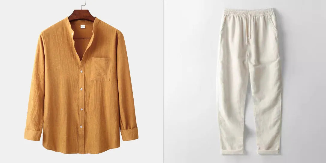 Men's slim-fit brown cotton blend long sleeve shirt and matching casual trousers laid flat.