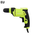 Black and silver pistol grip electric drill with a 10mm chuck on a workbench.