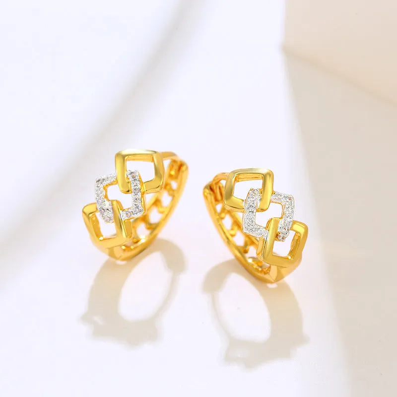 Gold geometric hollow-out earrings with colour separation ear clip