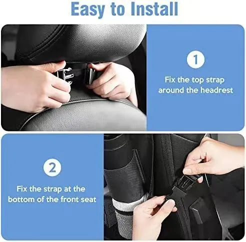 Black Oxford cloth car seat back storage bag hanging on vehicle seat