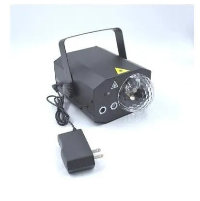 Black and white LED laser magic fan stage light with remote control on a stand.