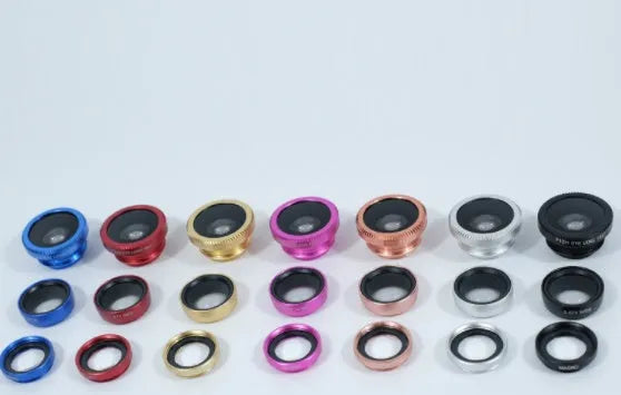 Three mobile phone camera lenses with clip mount for iPhone and Android photography