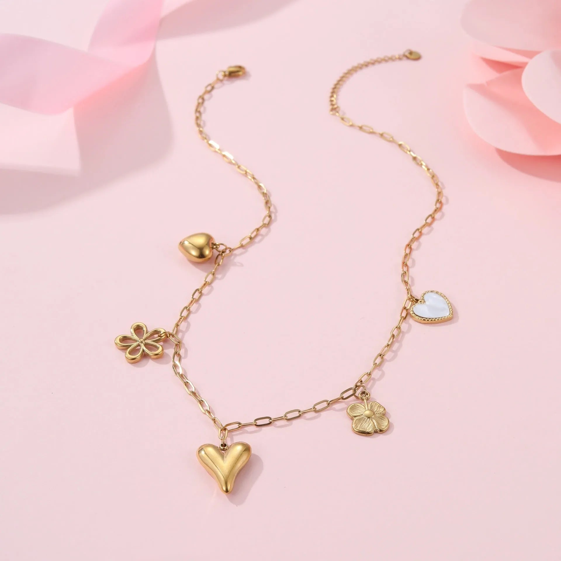 Stainless steel necklace with geometric sun pendant on adjustable 41-50 cm chain, electroplated 18K gold finish