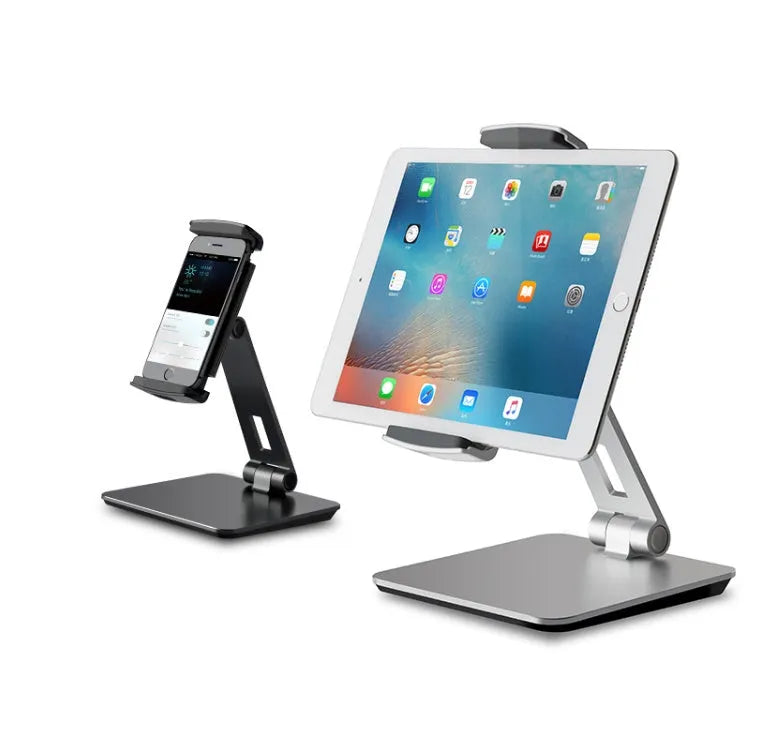 Aluminium folding desktop phone and tablet holder with 360-degree rotation in silver colour