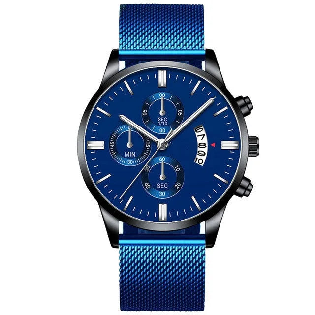 Men's stainless steel mesh band quartz watch with analog display on wrist