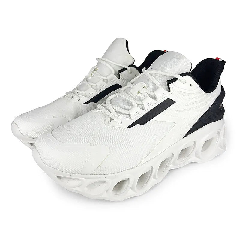 Men's low-top breathable mesh casual sports shoes in black, white, and dark blue on a white background.