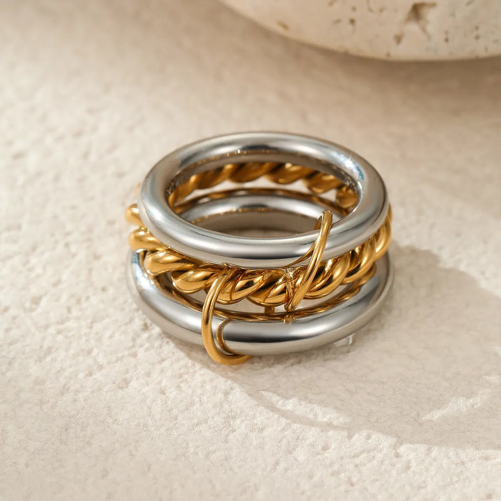 Stackable stainless steel rings with gold plating in three colour variations
