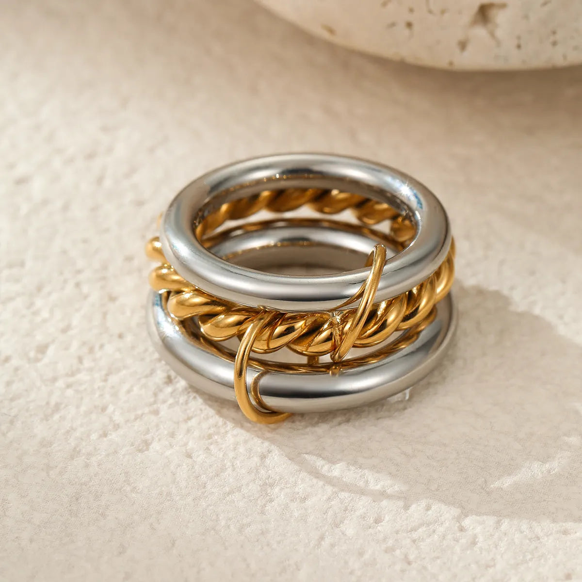 Stackable stainless steel rings with gold plating in three colour variations
