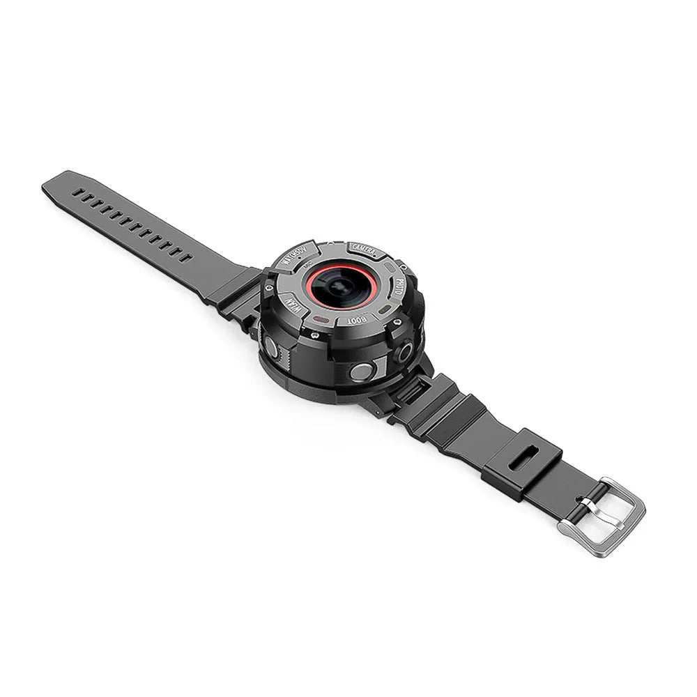 Black waterproof sports digital camera with compact design showing dimensions and SD card slot