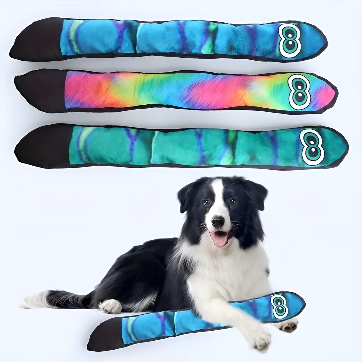 30 cm snake-shaped plush dog squeaky toy with stripe prints in multicolor