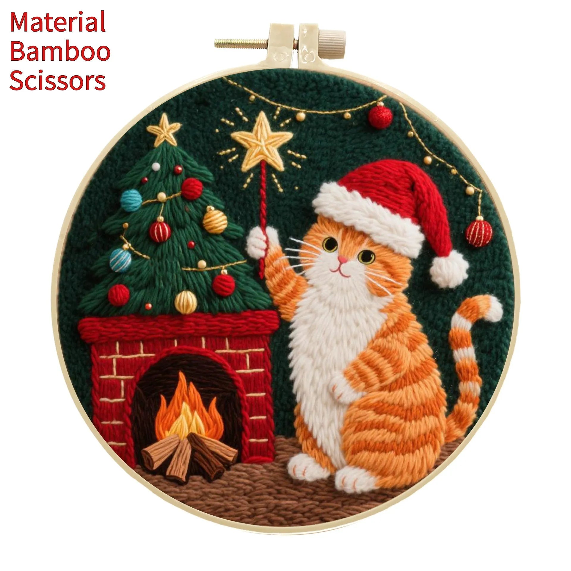 Embroidery kit with cotton linen fabric, 20cm imitation bamboo hoop, and scissors for autumn fruit design.