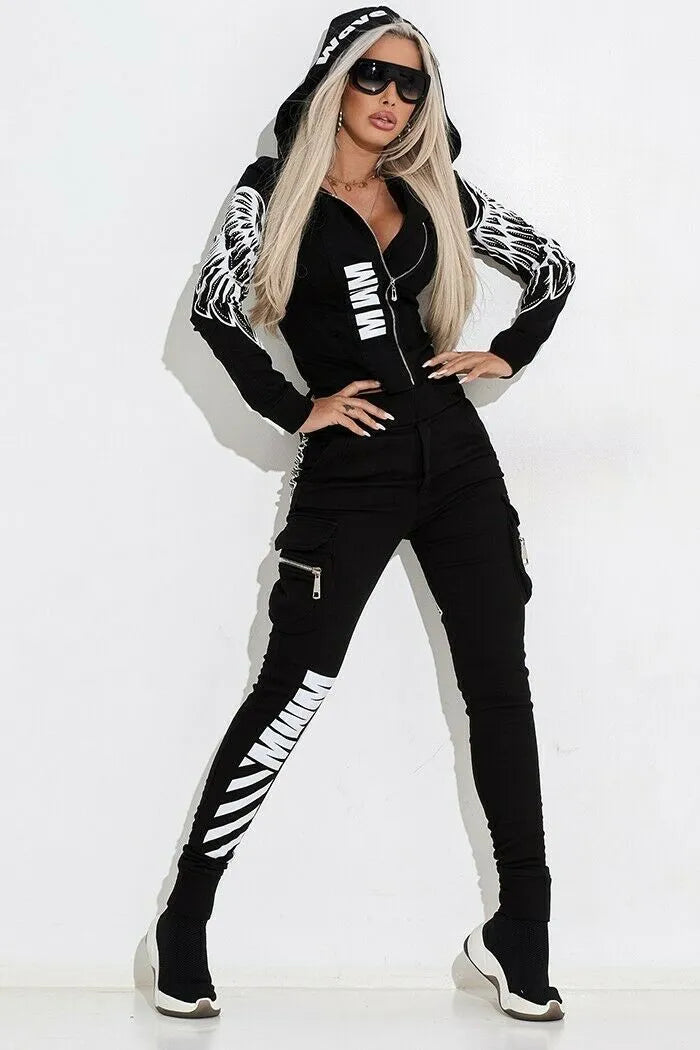 Black women's casual suit with printed hooded jacket and matching trousers.