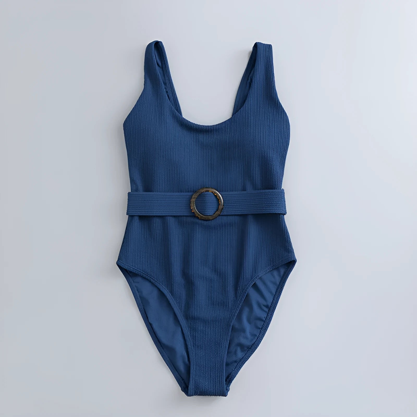 Navy blue women's one-piece slim swimsuit with triangle design and chest pad