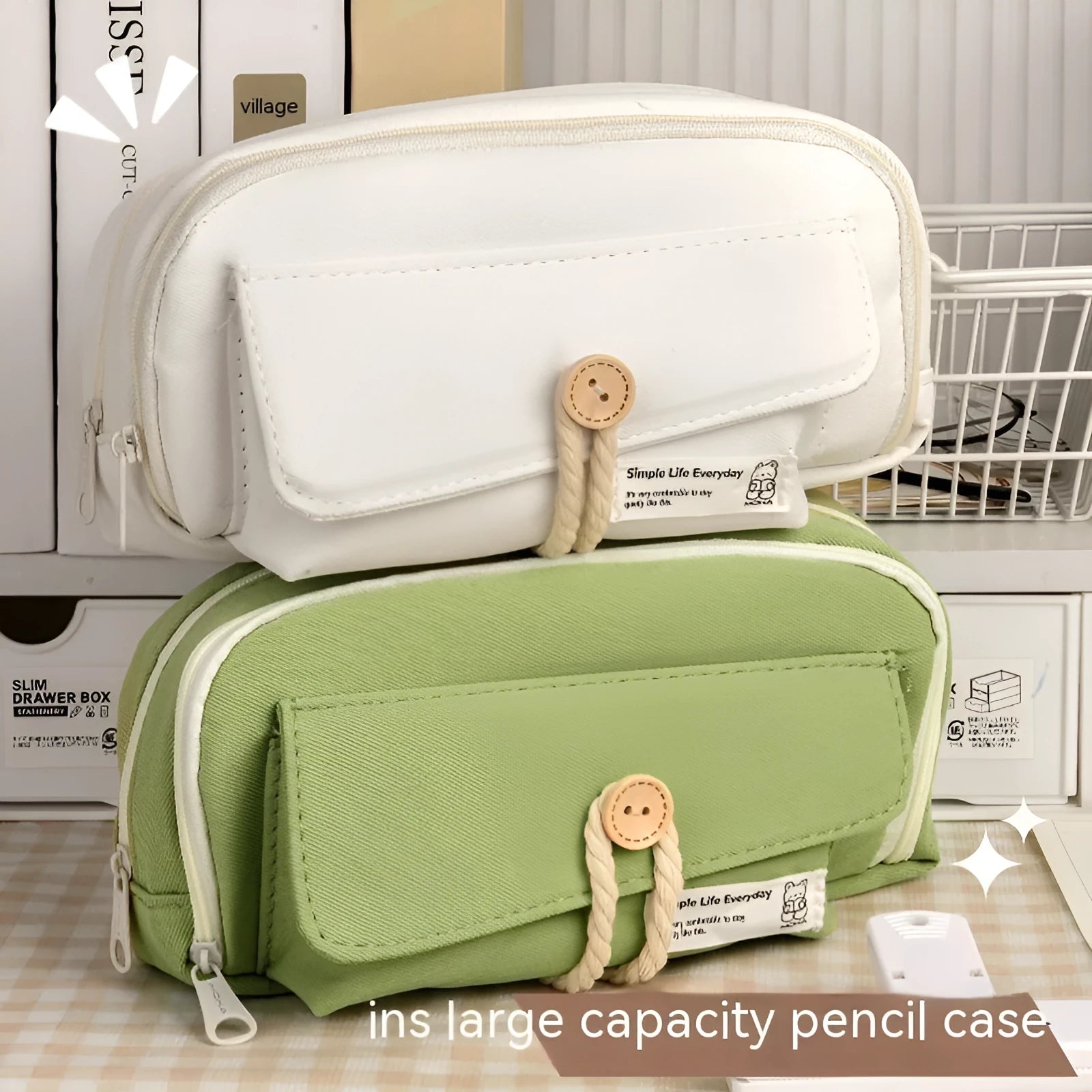 Large capacity Korean-style canvas pencil case for girls in green, holding multiple pens.