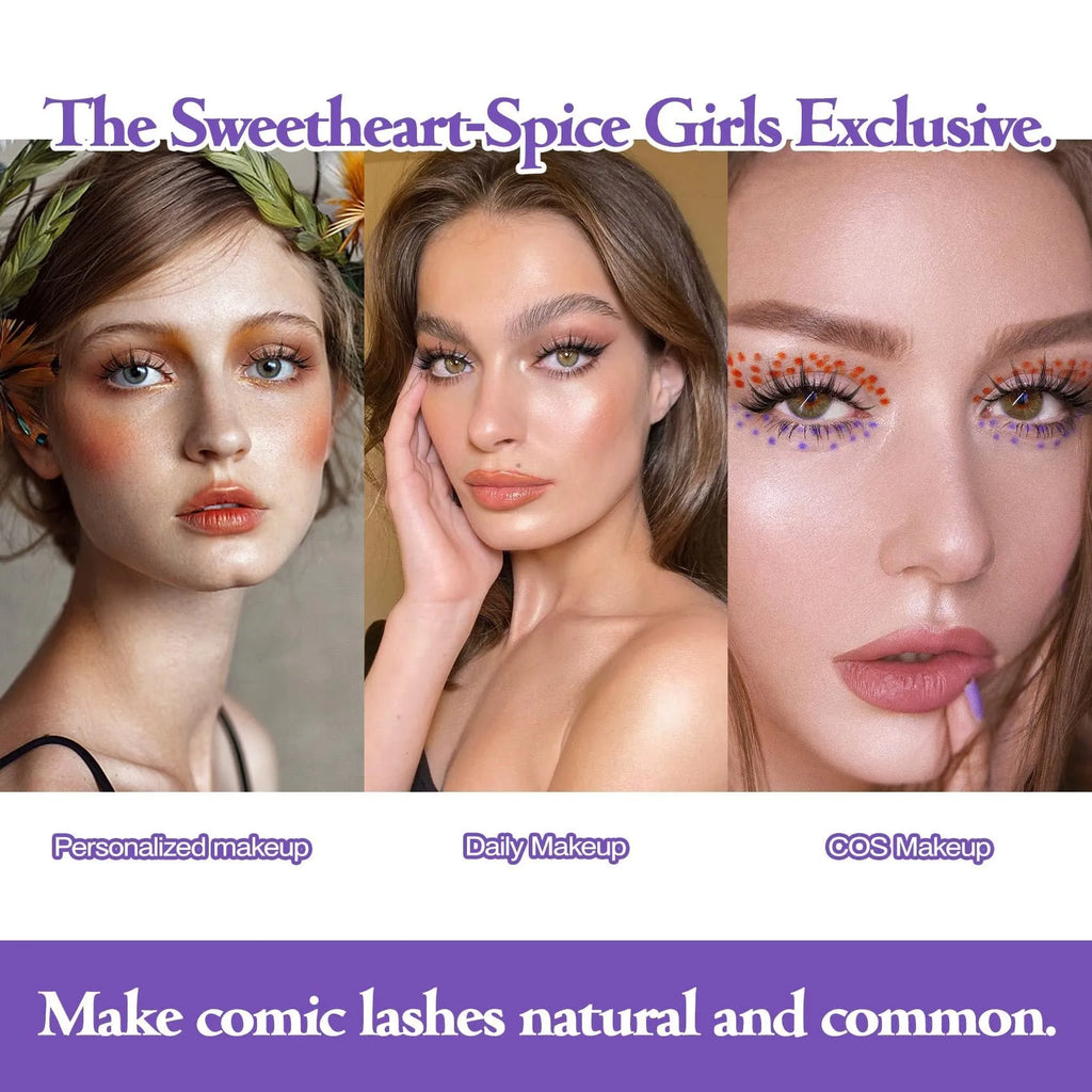 Pack of 15 pairs of natural wispy manga false eyelashes on black plastic bands for cosplay.