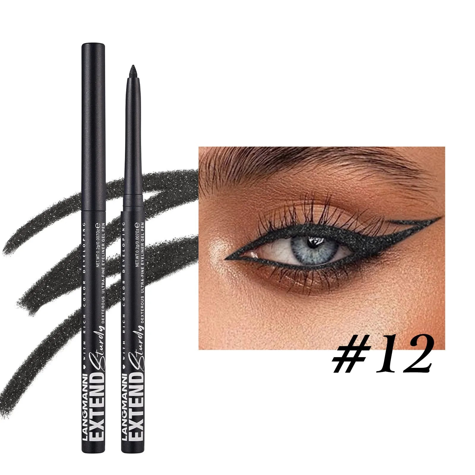 Set of 12 colourful gel glitter eyeliner pencils with various shades on white background