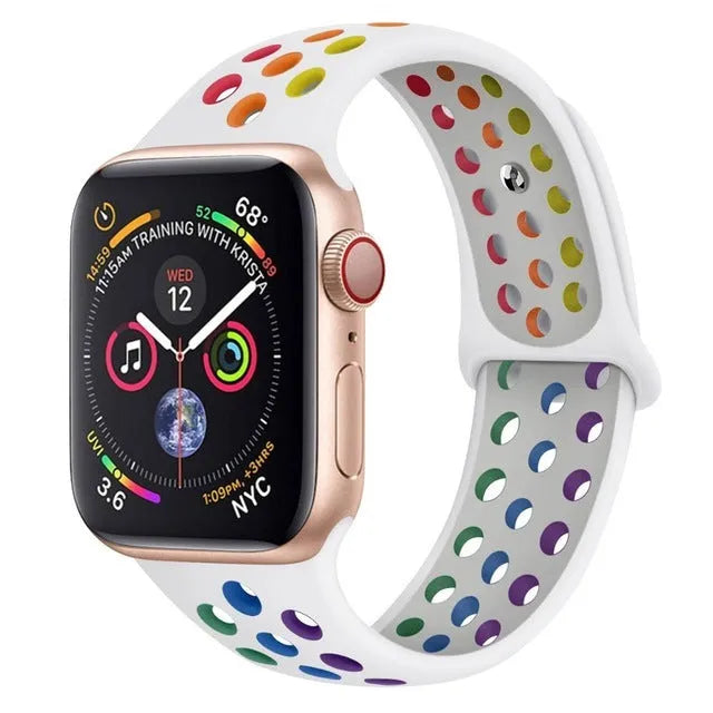 Silicone sports wristband with single buckle adjustable strap in black, rainbow and white colour options