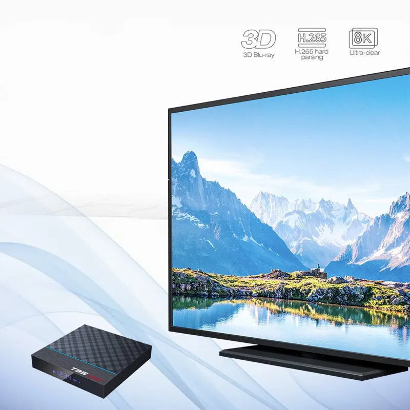 Black T95 Max Plus Android TV Box with remote, showing choice of US, EU, and UK power plugs.