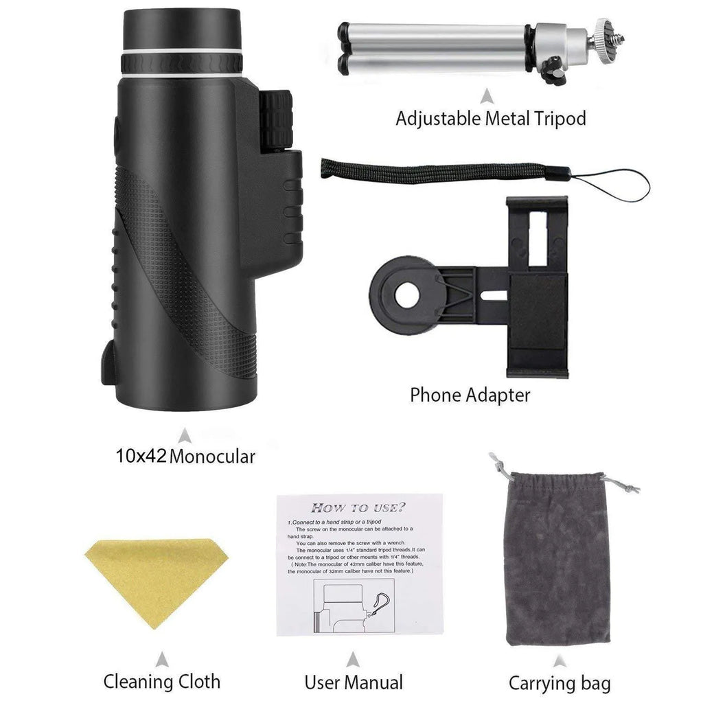 Black 40x60 HD monocular telescope with fully coated lenses and waterproof construction