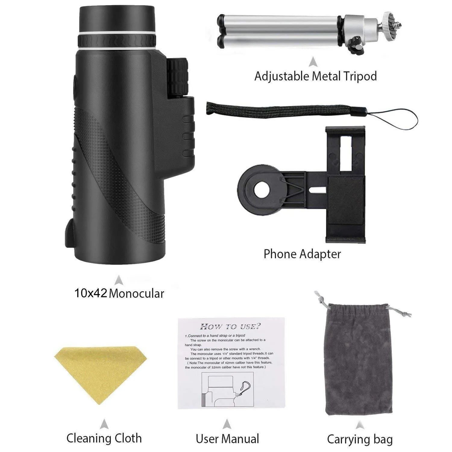 Black 40x60 HD monocular telescope with fully coated lenses and waterproof construction