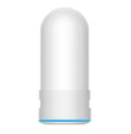 White plastic faucet water filter with adapter kit and ceramic cartridge for kitchen tap installation.