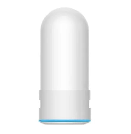 White plastic faucet water filter with adapter kit and ceramic cartridge for kitchen tap installation.