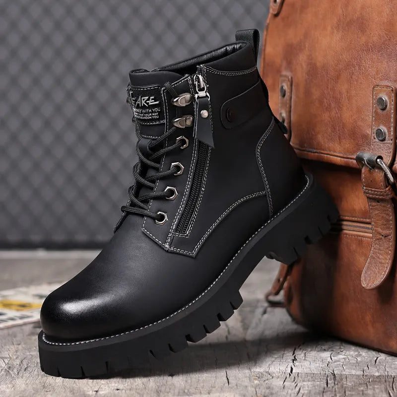 Men's brown high-top leather Martin boots with side zipper and round toe on a non-slip rubber sole.