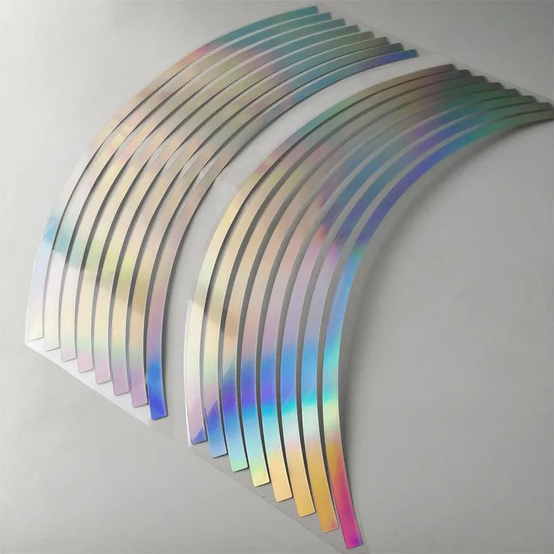 Pack of 16 thin, silver laser-reflective adhesive stickers for motorcycle and car wheel hubs.