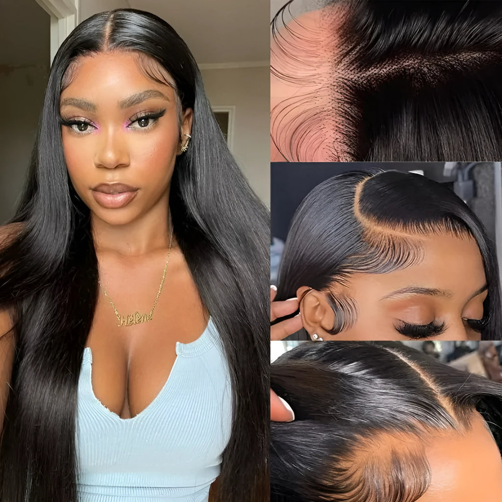 Straight black human hair lace front wig with 13x6 parting displayed at various lengths.