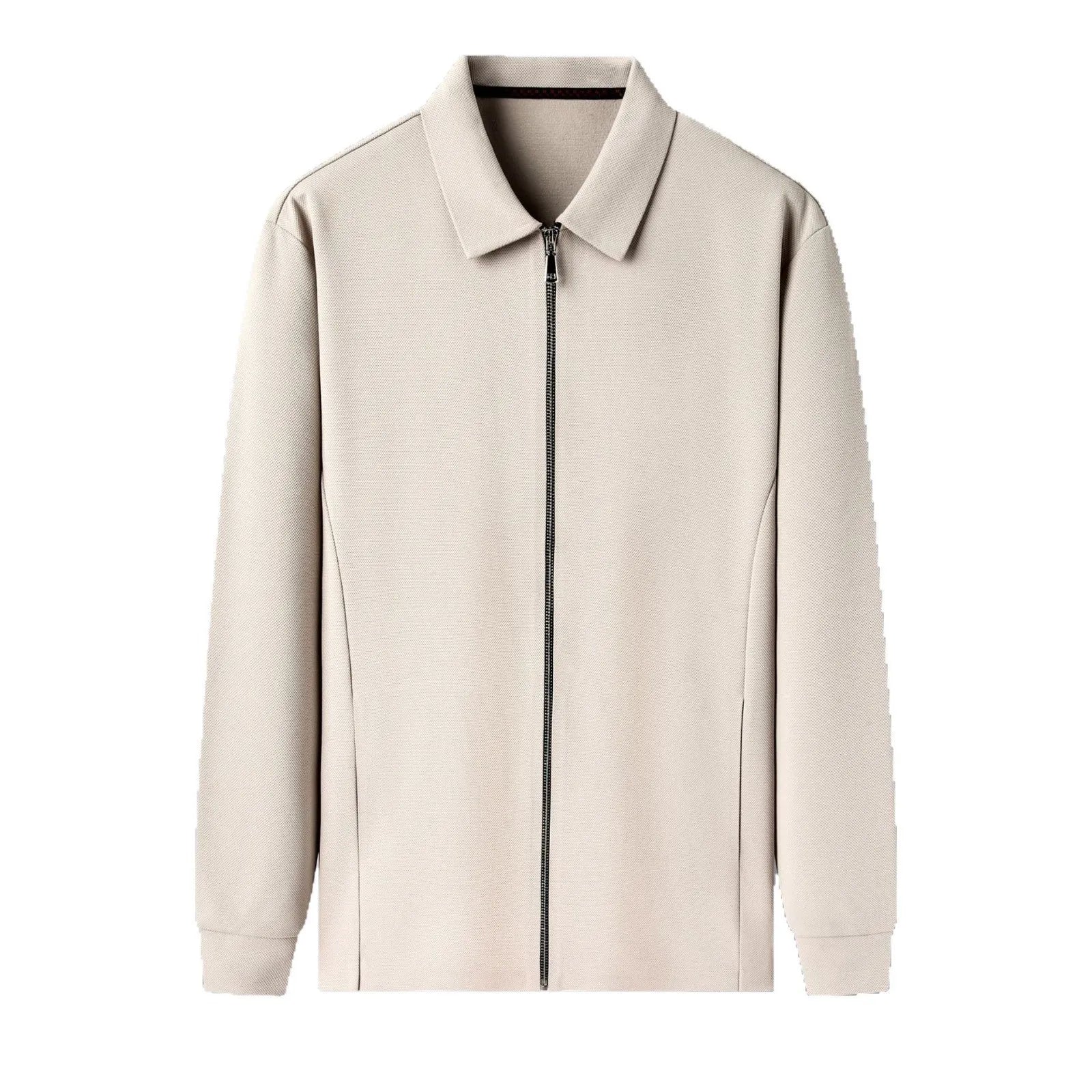 Men's slim fit casual business jacket in polyester available in black, dark grey, and apricot colours.