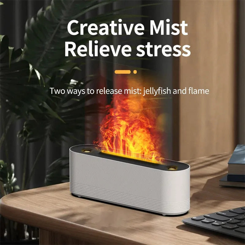 Black and white ultrasonic humidifier with flame LED lights and water mist output