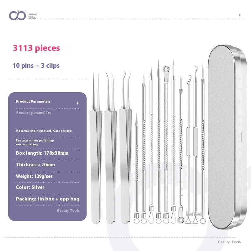 Four silver metal acne needles with ultra-fine pointed tips for skincare treatment.