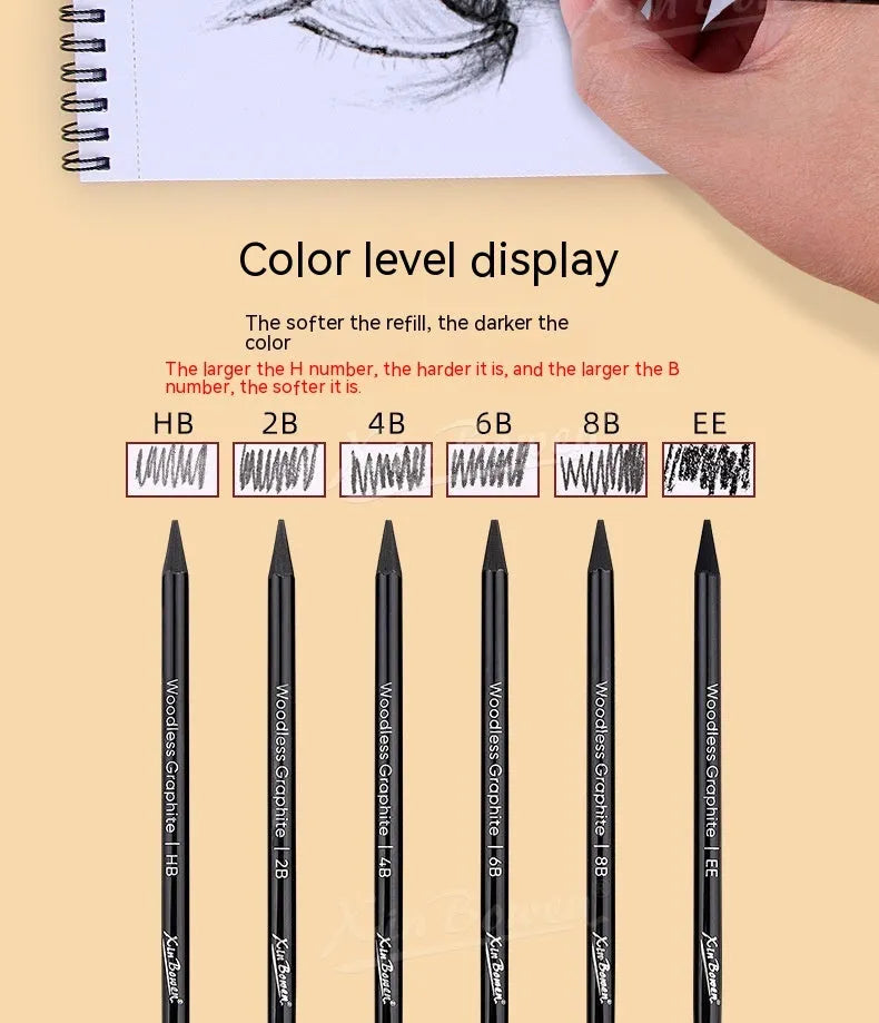 Set of six wood-free graphite full lead sketching pencils in grades HB, 2B, 4B, 6B, 8B, and EE.