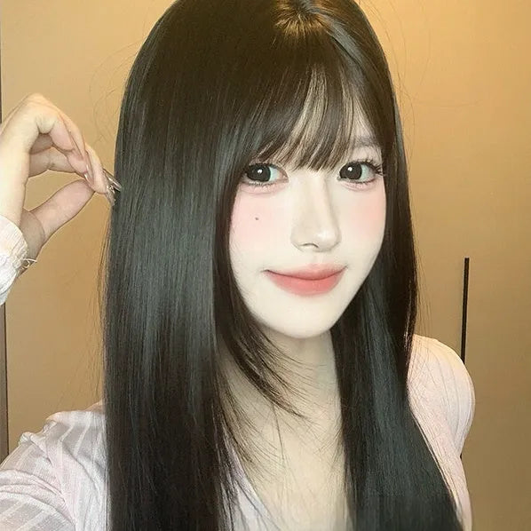 Dark brown long straight synthetic women's wig with bangs for round face shapes