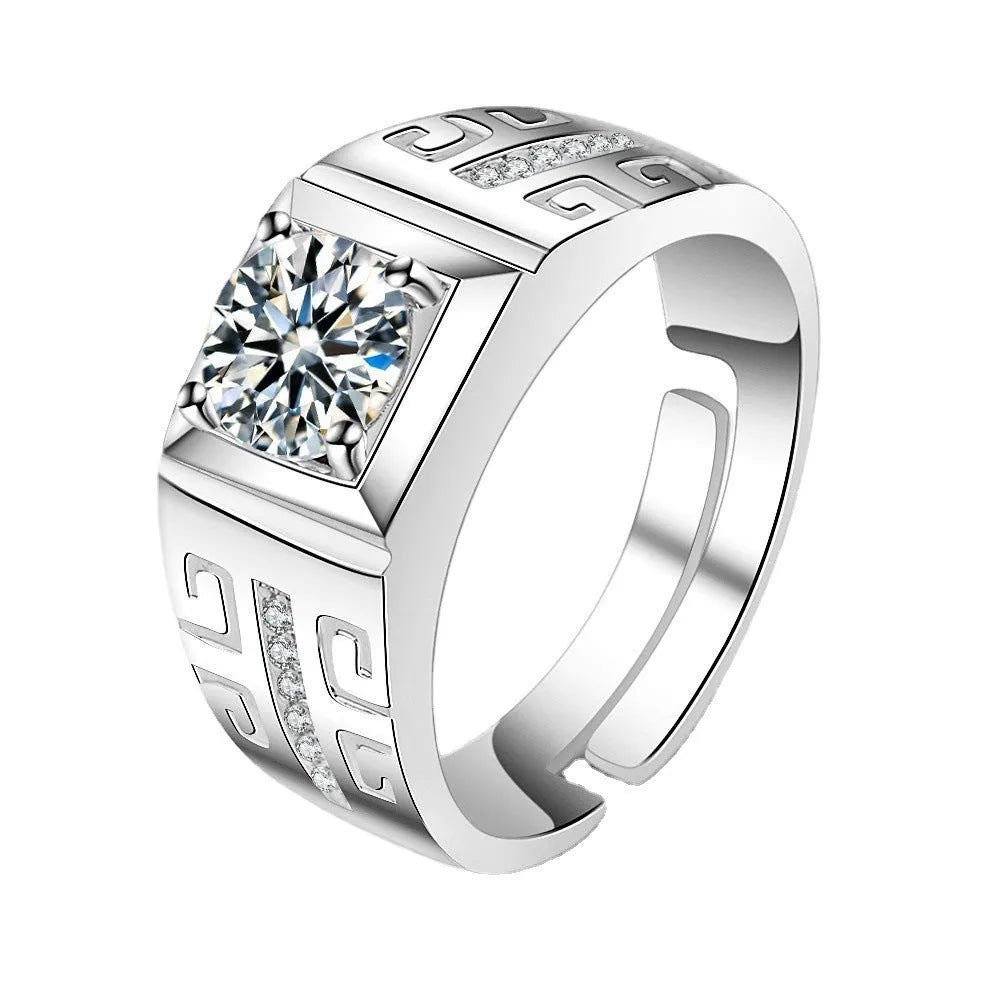 Large square diamond men's ring with adjustable opening in gold or platinum finish