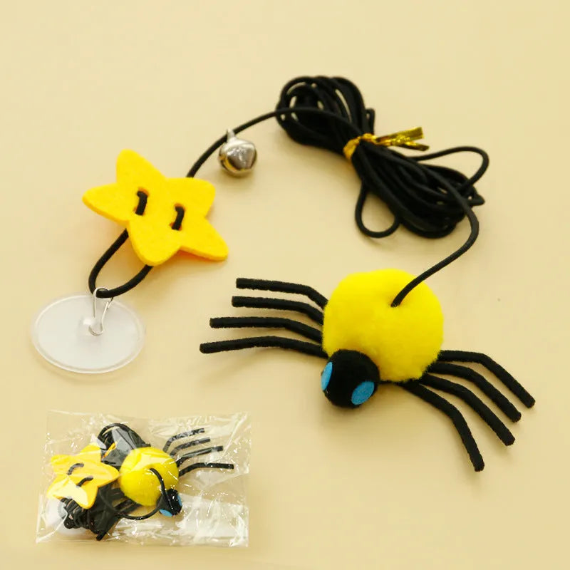 Hanging door cat toy with elastic rope, feather bell spider attachment in red colour
