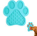 Blue bone-shaped silicone dog licking mat with suction cups on the back for sticking to smooth surfaces.