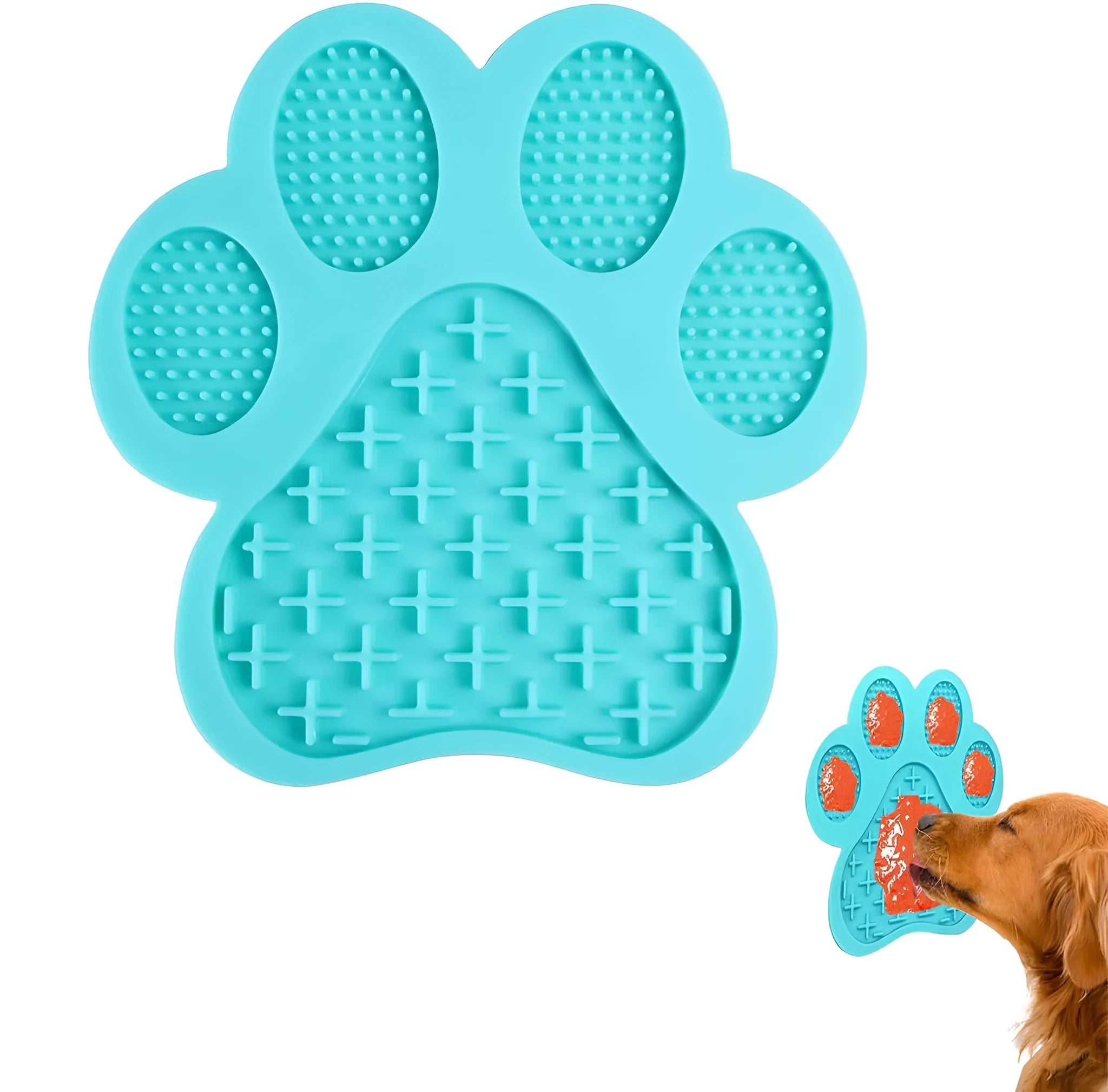 Blue bone-shaped silicone dog licking mat with suction cups on the back for sticking to smooth surfaces.