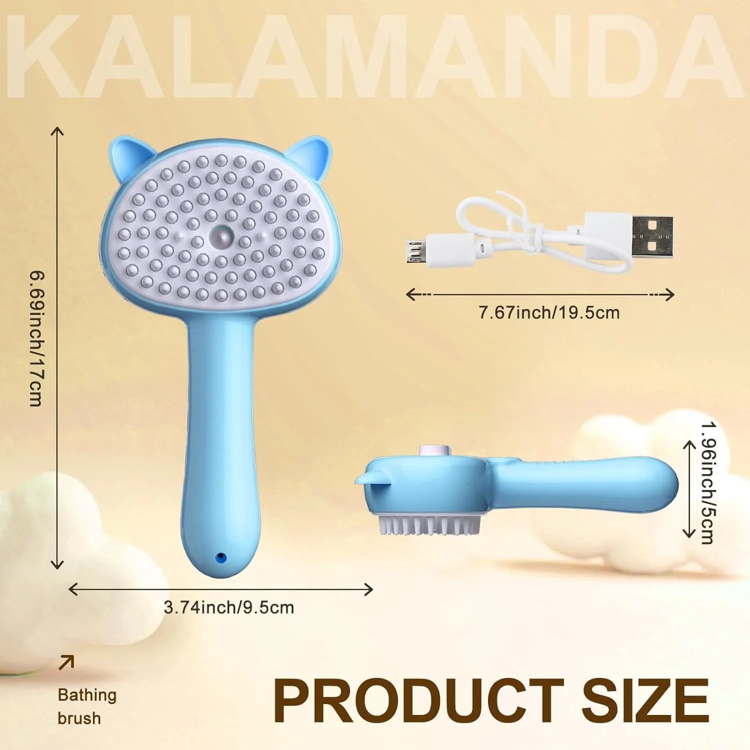 Blue cat steam brush with rubber bristles and ergonomic handle for pet grooming