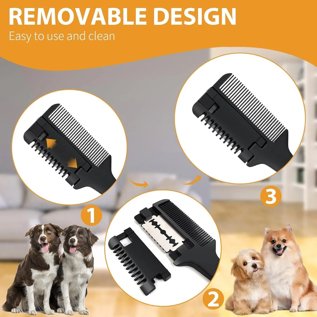 Silver aluminium pet razor comb with comb teeth and trimming blade for dog and cat grooming