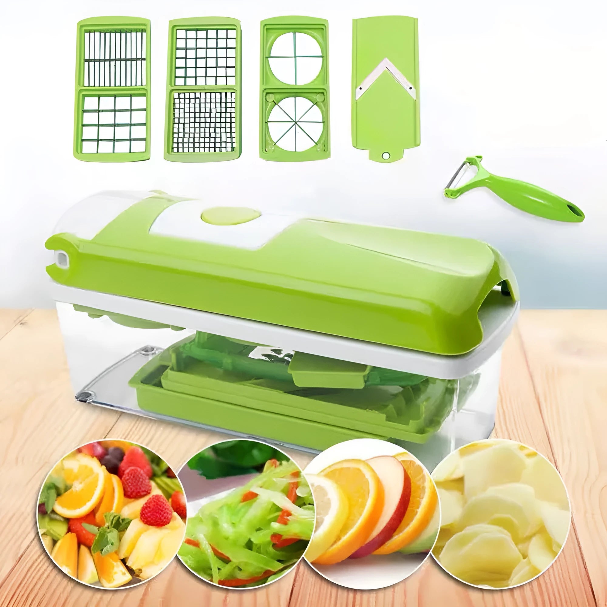 Green manual food chopper set with stainless steel blades, showing 12 pieces including handle and accessories.