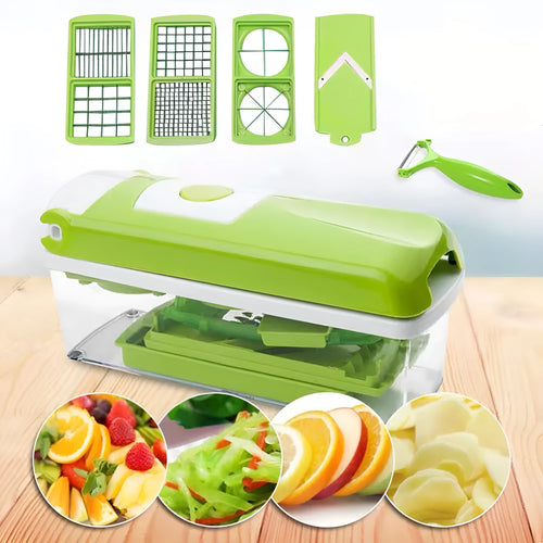 Green manual food chopper set with stainless steel blades, showing 12 pieces including handle and accessories.
