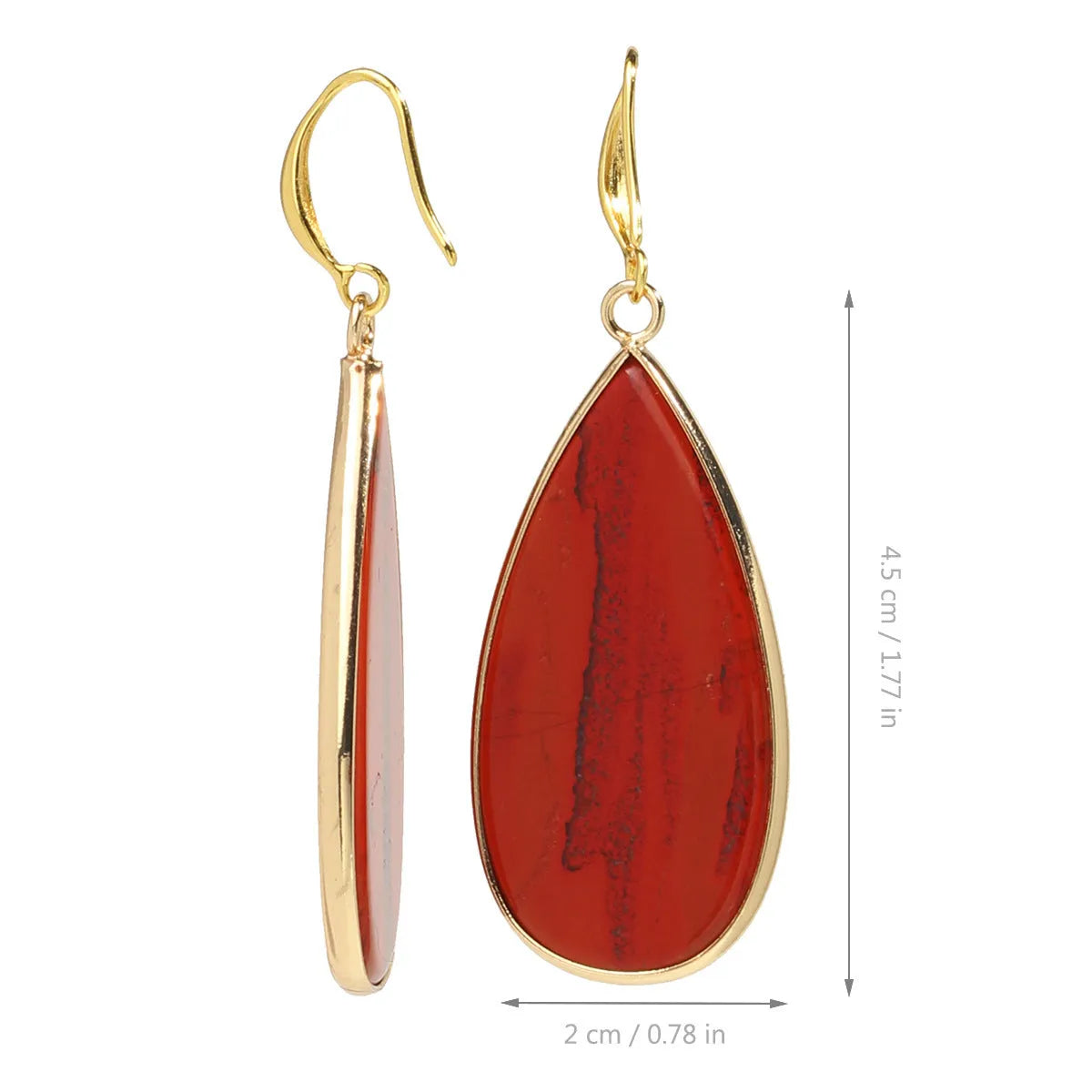 Vintage long drop earrings made from stone with a water droplet texture, shown in Tigereye colour.