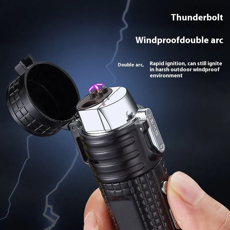 TH727 multi-function metal waterproof flashlight lighter in camouflage, red, black, blue, and yellow colour options.