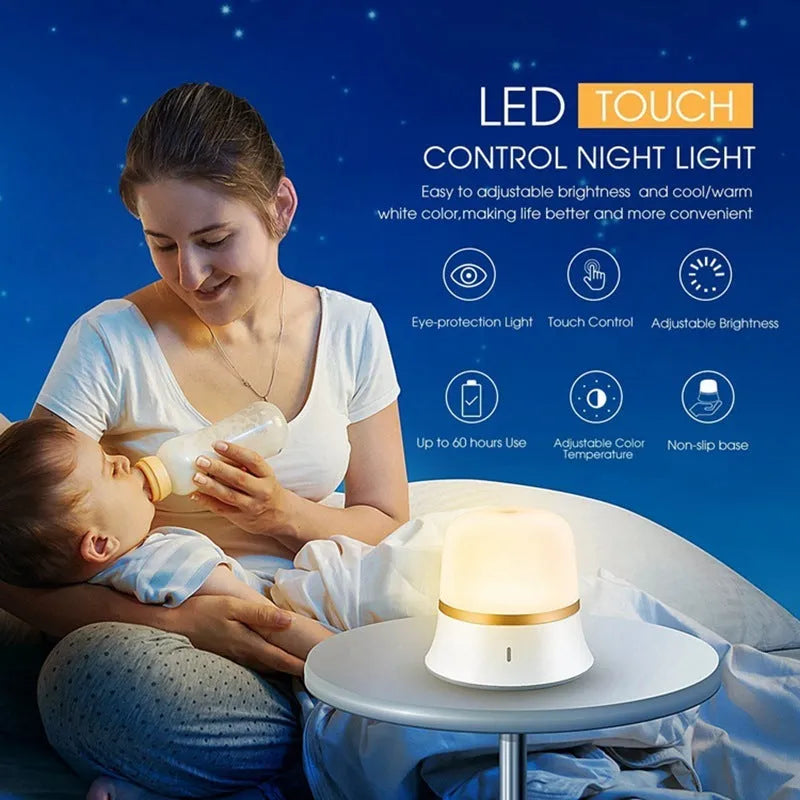 White touch-control baby night light with motion sensor on a nursery bedside table.