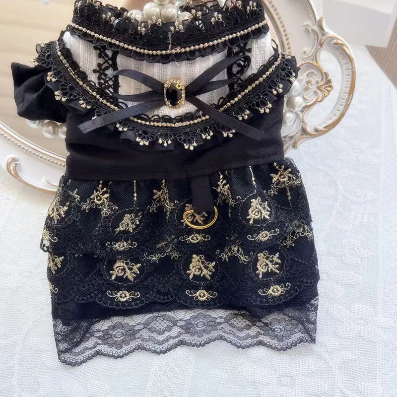 Golden gothic princess style skirt pet clothing for cats and dogs shown in multiple sizes