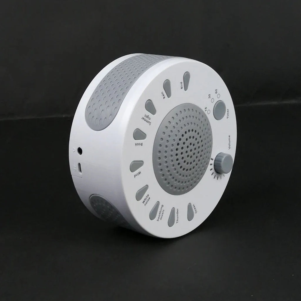 White electronic sleep aid device with nine sound options and timer controls