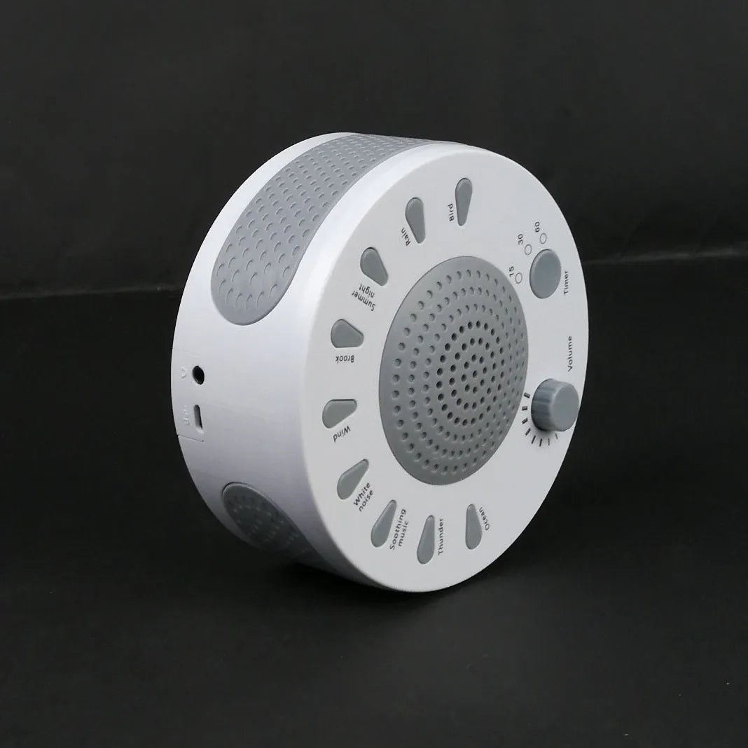 White electronic sleep aid device with nine sound options and timer controls