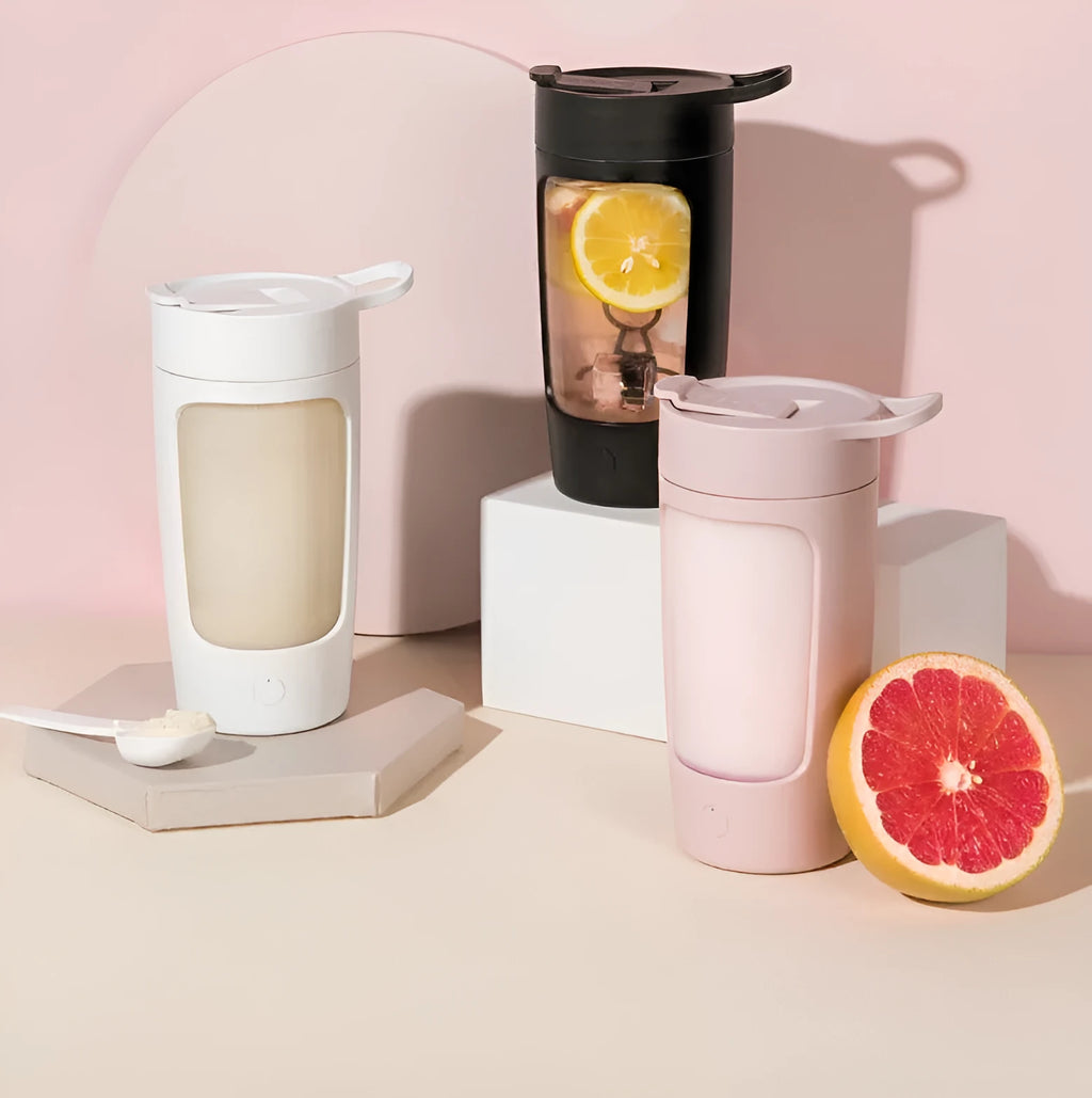 Portable personal blender in black, blue, pink or white colours showing 650ml cup with integrated blades